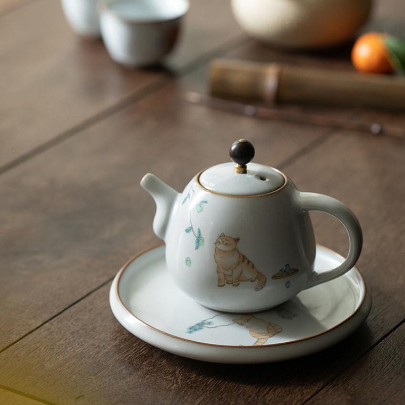 汝瓷猫咪茶壶粗陶工笔画开片陶瓷功夫茶壶侧把泡茶壶手执壶大茶壶