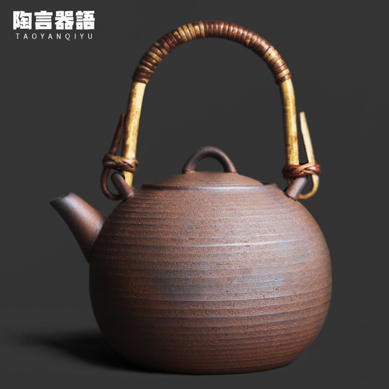 复古粗陶老岩泥圆满提梁煮茶壶藤把配件围炉炭火电陶炉烧水单壶