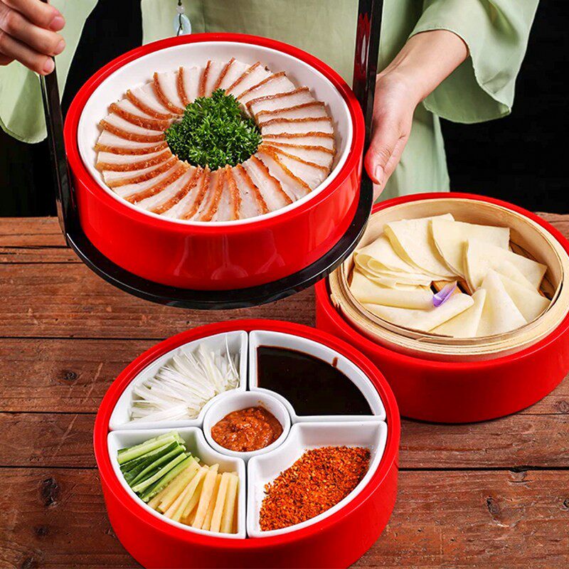 红色圆形三层食盒点心下午茶盘子创意北京烤鸭火锅店密胺餐具包邮