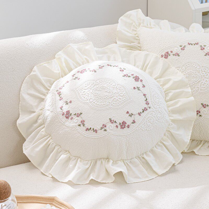 双面纯棉沙发抱枕客厅可爱抱枕套含芯可拆洗圆形韩式夹棉花边款