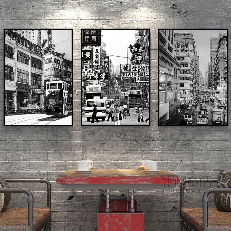 香港挂画街景茶餐厅黑白复古老照片装饰画咖啡厅港式冰室港风壁画