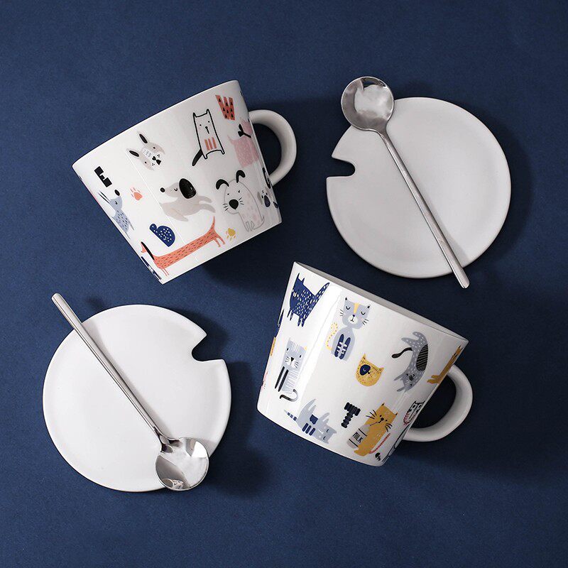 卡通猫咪可爱杯子女牛奶早餐杯微波炉陶瓷杯办公室马克杯带盖茶杯