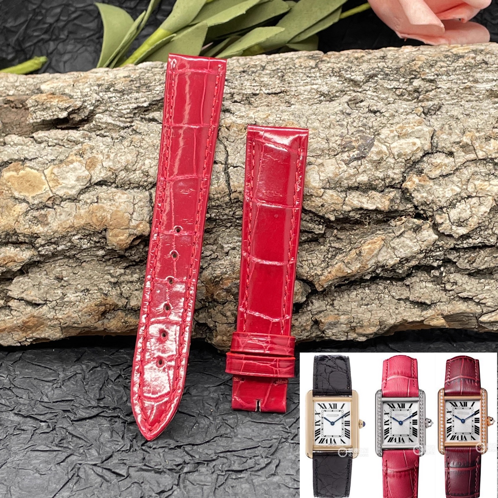 福西达表行 适配卡地亚伦敦钥匙坦克SOLO鳄鱼皮表带男真皮女款