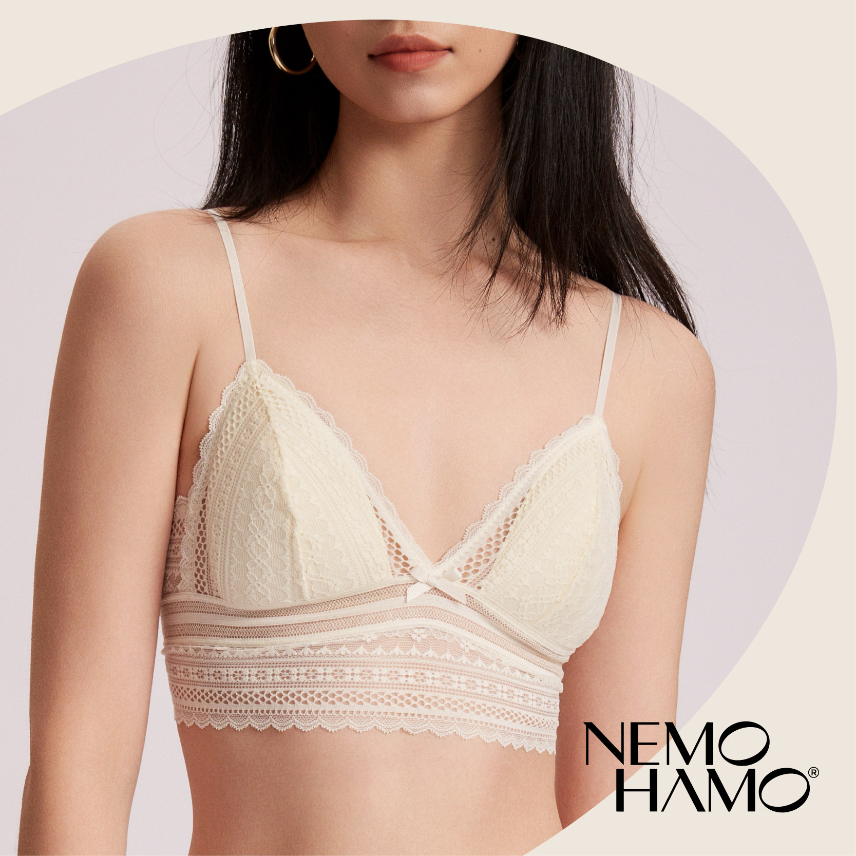 NemoHamo法式三角杯无钢圈露背美背蕾丝性感文胸套装