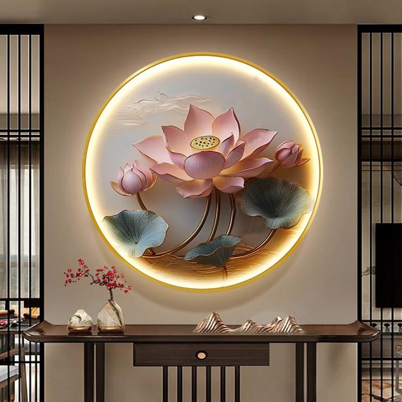 中国风荷花餐厅挂画新中式圆形玄关带灯装饰画客厅艺术LED灯壁画图片
