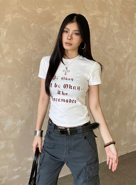 NowAndHere美式朋克十字架正肩短袖女蕾丝微透y2k短款辣妹t恤上衣