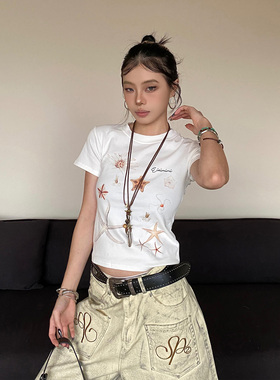 NOWANDHERE海星印花正肩短袖T恤女y2k宽松显瘦百搭上衣辣妹夏季