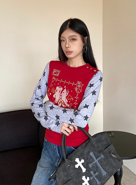 NOWANDHERE轻亚撞色拼接星星印花长袖T恤女修身内搭打底衫Y2K上衣