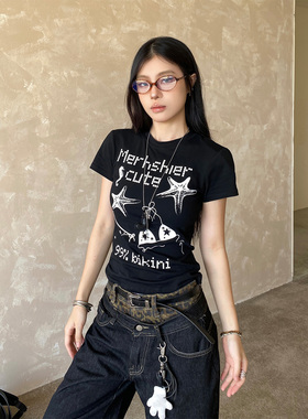 NOWANDHERE美式印花短袖T恤女y2k手绘星星辣妹修身显瘦短款上衣