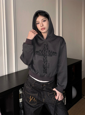 NOWANDHERE美式辣妹短款十字架印花连帽卫衣女秋季新款百搭上衣