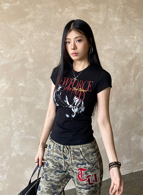 NOWANDHERE美式街头摇滚风短袖t恤复古朋克正肩修身显瘦短款上衣