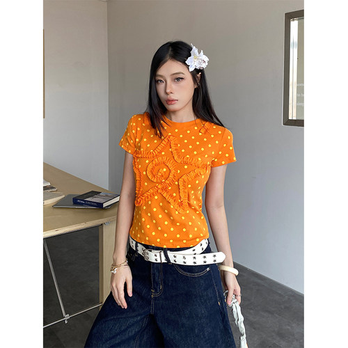 波点荷叶边贴布绣正肩短袖t恤女