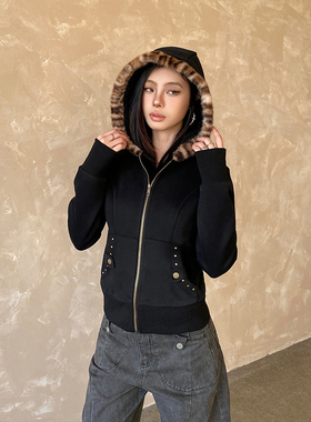 NowAndHere原创豹纹毛领铆钉连帽卫衣女春季新品复古小众穿搭上衣