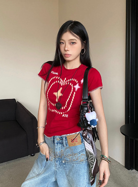 NOWANDHERE短款复古苹果印花正肩短袖美式修身显瘦辣妹T恤上衣女