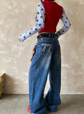 NOWANDHERE美式千禧复古辣妹直筒牛仔裤男女星星宽松显瘦拖地长裤