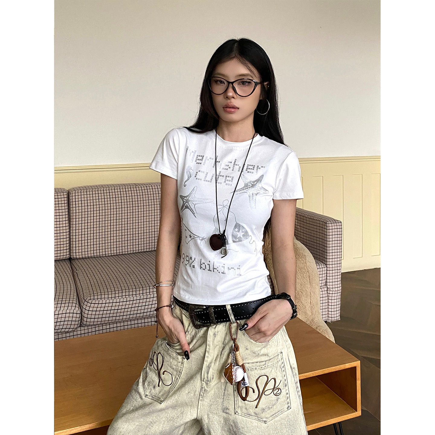 美式印花短袖T恤女y2k手绘星星