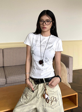 NOWANDHERE美式印花短袖T恤女y2k手绘星星辣妹修身显瘦短款上衣