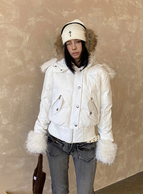 NowAndHere白色收腰短款白鸭绒羽绒服y2k辣妹风毛毛螺纹拼接外套