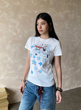 NOWANDHERE美式星星少女正肩短袖T恤女y2k辣妹修身显瘦正肩上衣