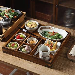 日式 陶瓷民宿餐具套装 家用创意早餐分格餐盘食盒木质托盘商用套装