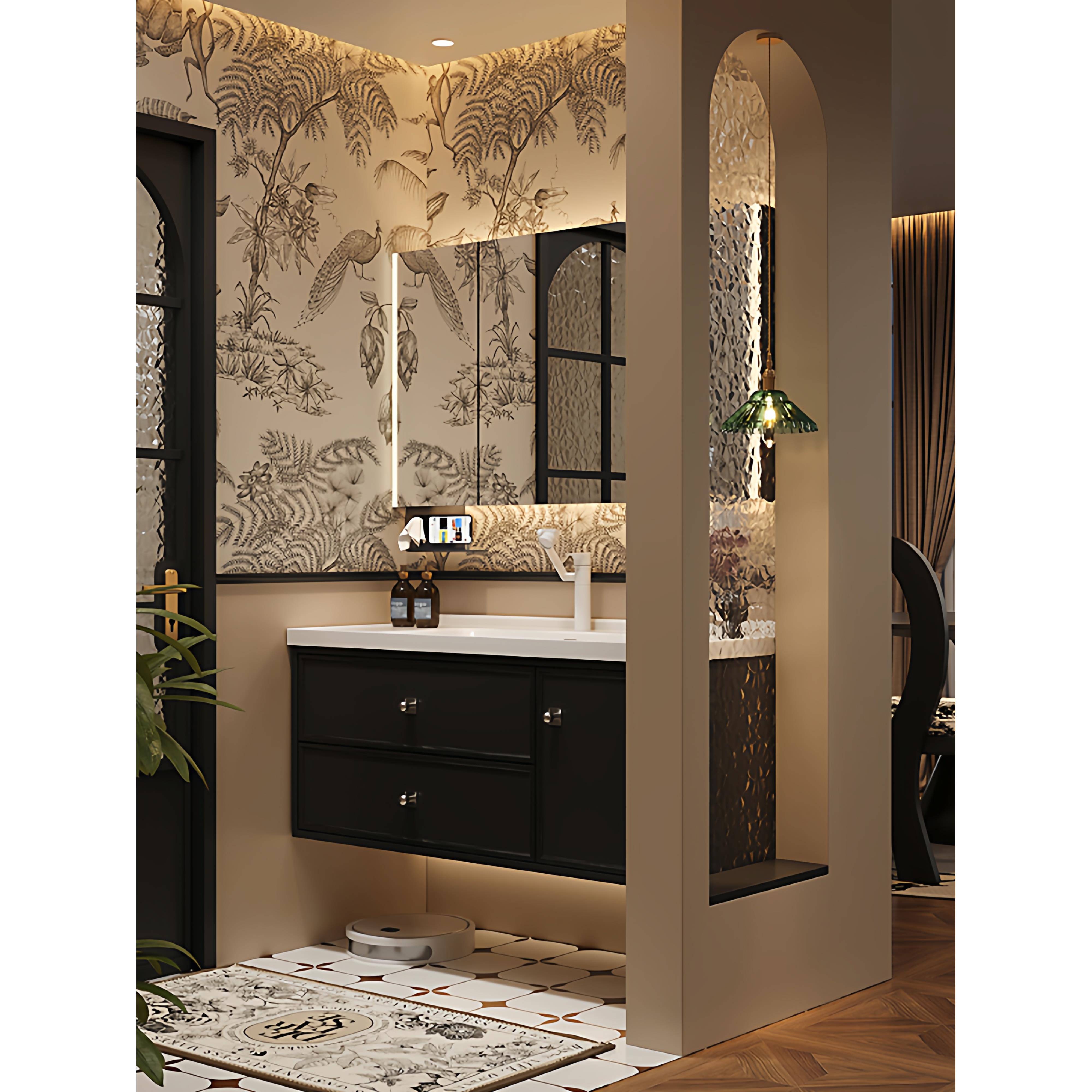 安苒卫浴黑色陶瓷一体盆浴室柜组合卫生间洗手盆柜洗漱台洗脸盆柜