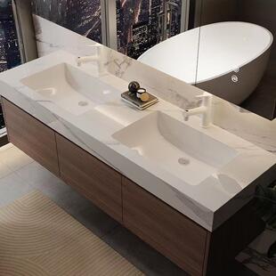 中古风胡桃木浴室柜组合岩板无缝一体盆双台盆洗脸盆柜卫浴柜