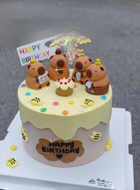 网红生日蛋糕装饰饰品可爱的天竺鼠Capibala钓鱼浴海豚甜点烘焙插