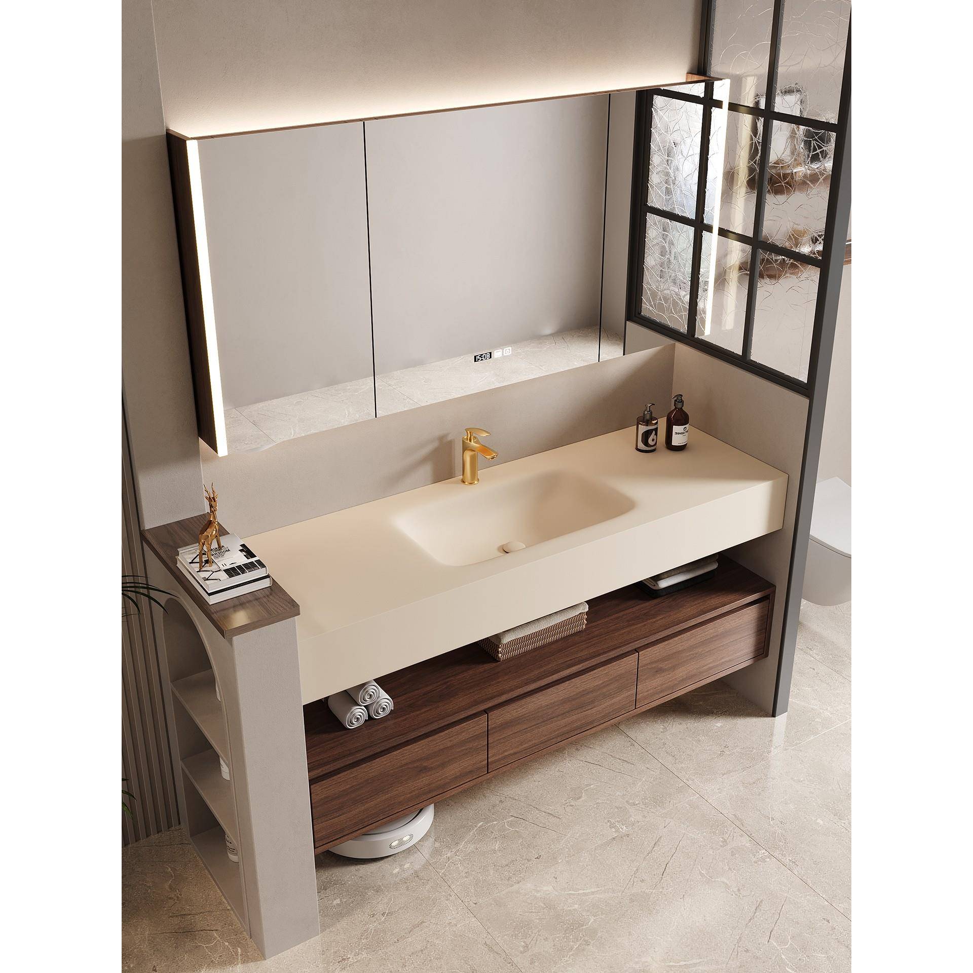 中古风岩板热弯一体盆洗漱台组合定制卫生间浴室柜组合洗手洗脸盆