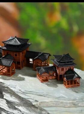 中式古建筑模型楼阁房子市井中心客栈假山鱼缸盆景微景观造景摆件