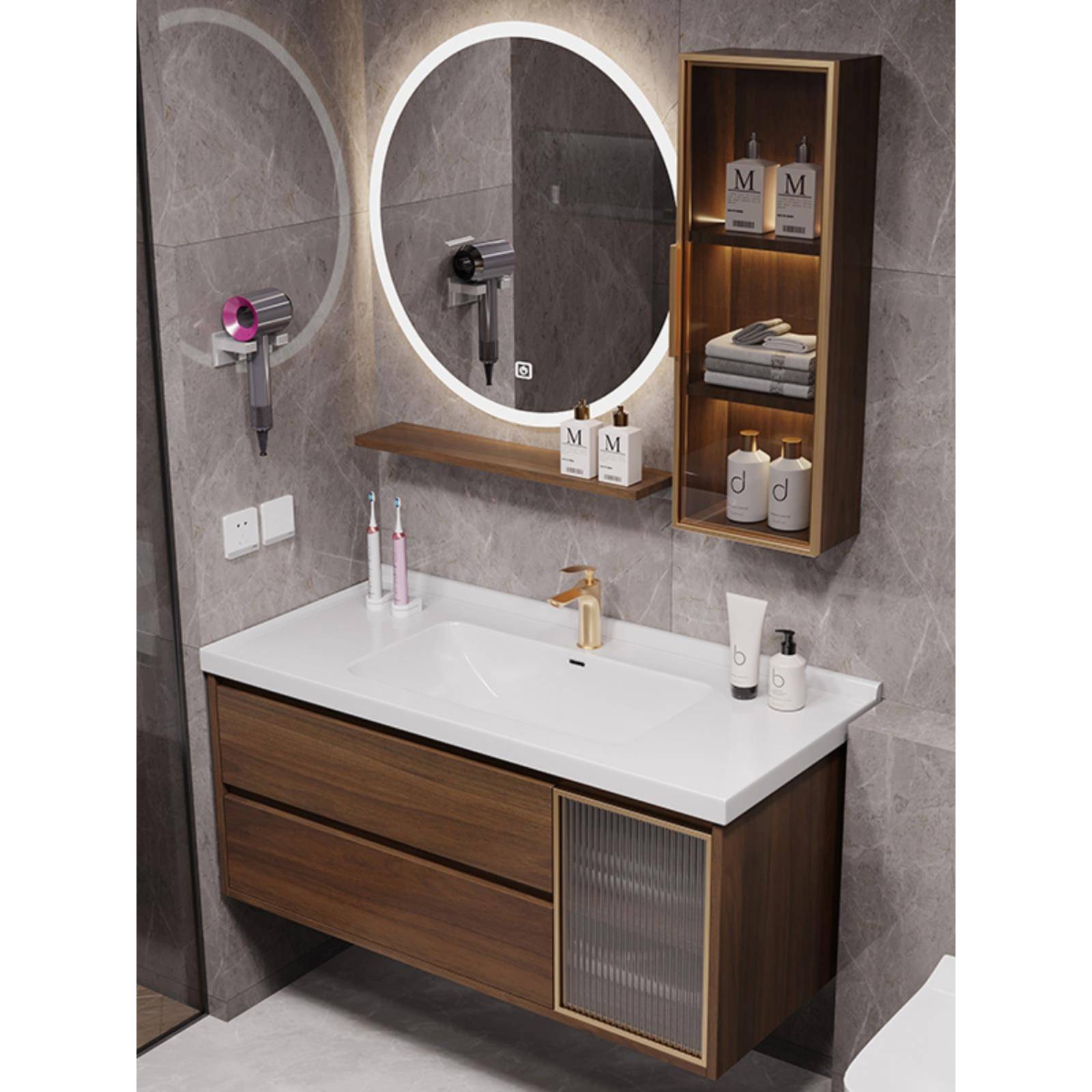 实木智能浴室柜40cm宽卫生间洗脸盆柜组合超窄洗手盆柜厕所洗漱台