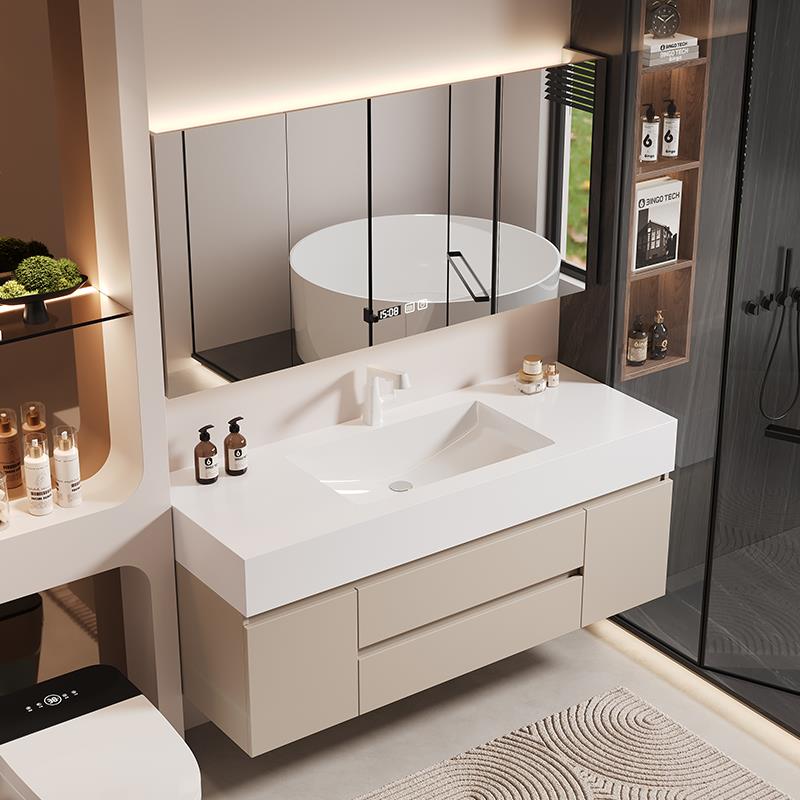 奶油风浴室柜组合岩板无缝陶瓷一体盆卫生间洗手台洗脸盆洗漱台柜