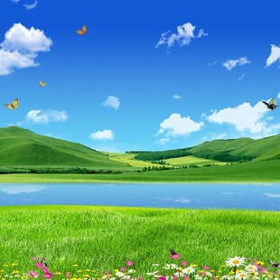 靠山流水生财客厅沙发墙新田园蓝天山水草地风景画背景墙