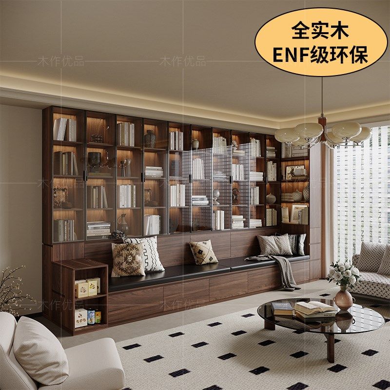 中古风客厅书柜一体整墙去客厅化法式复古卡座一体实木满墙书柜,住宅家具,组合书柜,淘宝优惠券,粉丝福利购,淘宝优惠卷