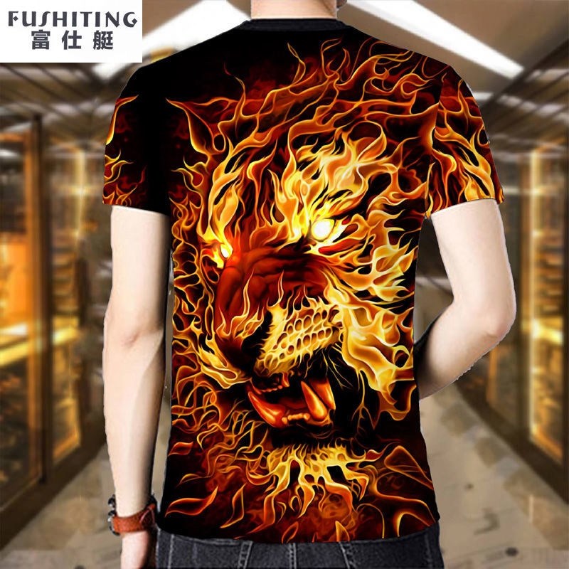 2024新款印花短袖t恤麒麟虎图案衣服男装上衣夏季薄款透气清凉潮