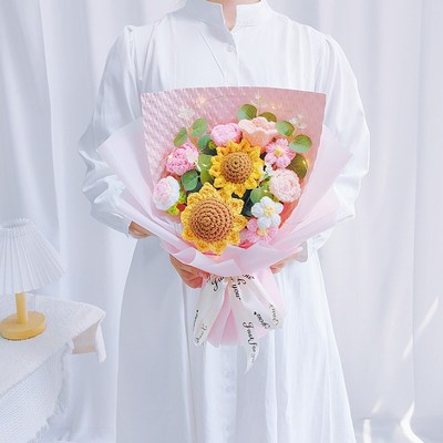 三八节手捧花束成品手工毛线针织花朵向日葵玫瑰送女朋友妈妈礼物
