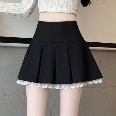 韩系蕾丝花边半身裙女春季新款高腰显瘦a字包臀裙小个子百褶短裙