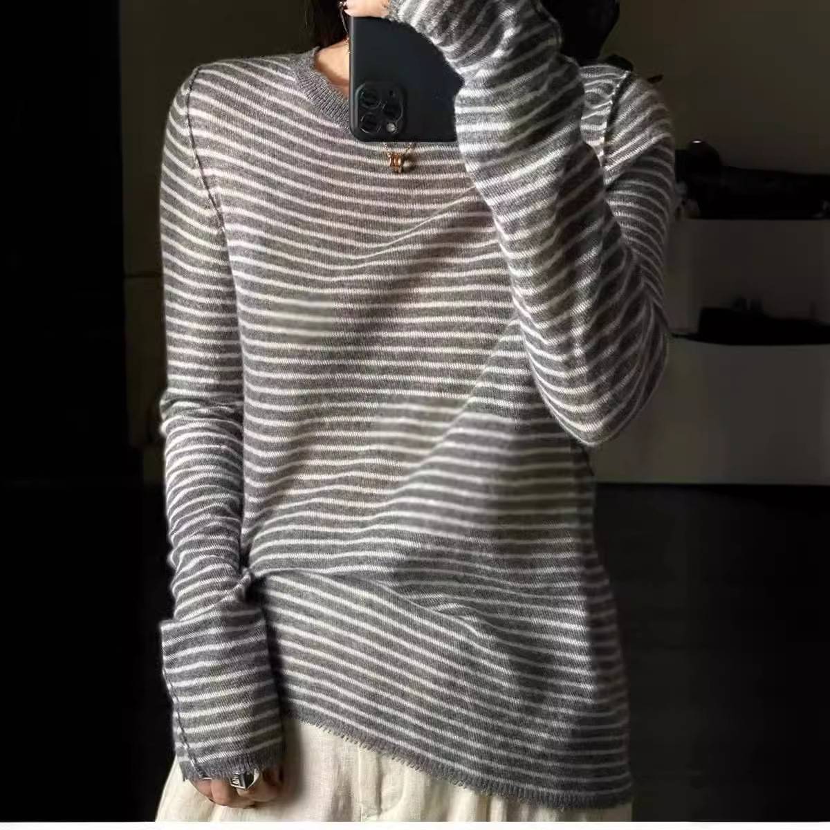 电商供货早秋精纺羊毛针织衫女圆领条纹套头毛衣流苏时尚内搭长袖