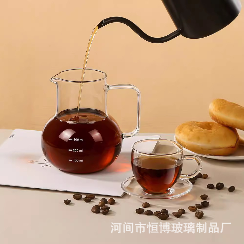 高硼硅竖纹玻璃咖啡壶刻度壶 400毫升透明咖啡分享壶 带把手挂耳