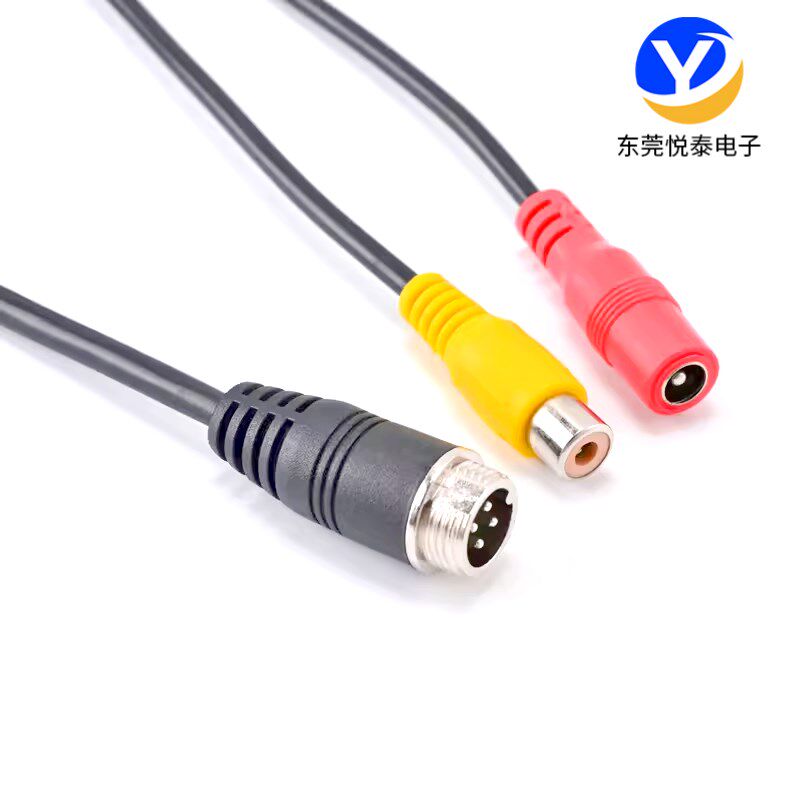 M12-4芯航空头转DC音频插头一分二倒车影像显示车载监控摄像头