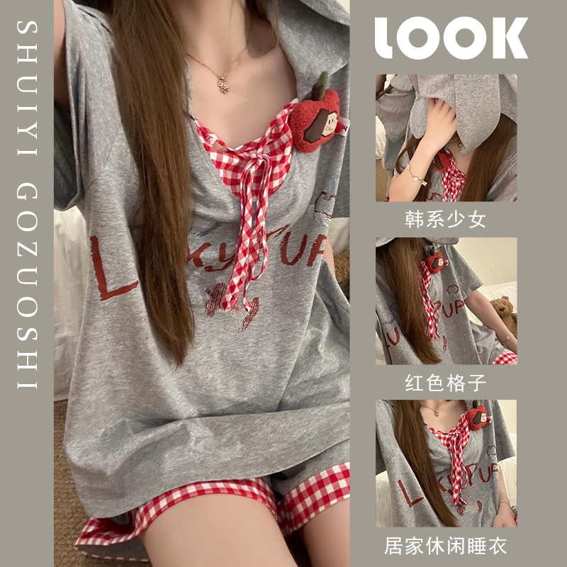 兔耳朵连帽睡衣女夏季新款卡通韩版宽松印花可外穿短袖家居服套装