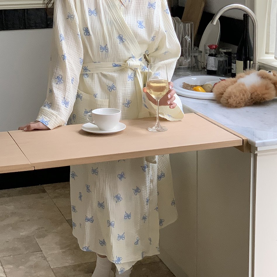 甜美INS韩系蓝色蝴蝶结印花睡衣睡裙春秋新款家居服舒适浴袍睡袍