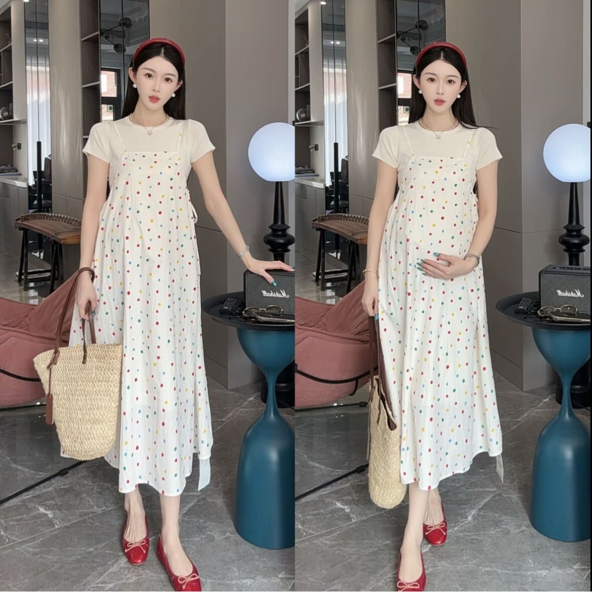 孕妇装夏装短袖上衣夏季波点吊带裙夏季两件套连衣裙套装孕妇裙子