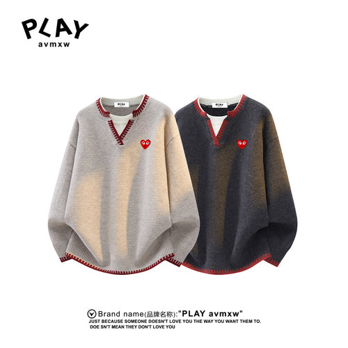 PLAYAVMXW秋冬V领假两件针织毛衣