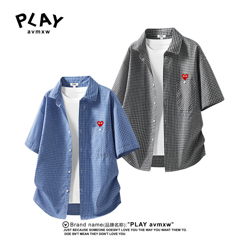 PLAYAVMXW情侣爱心刺绣格子衬衫