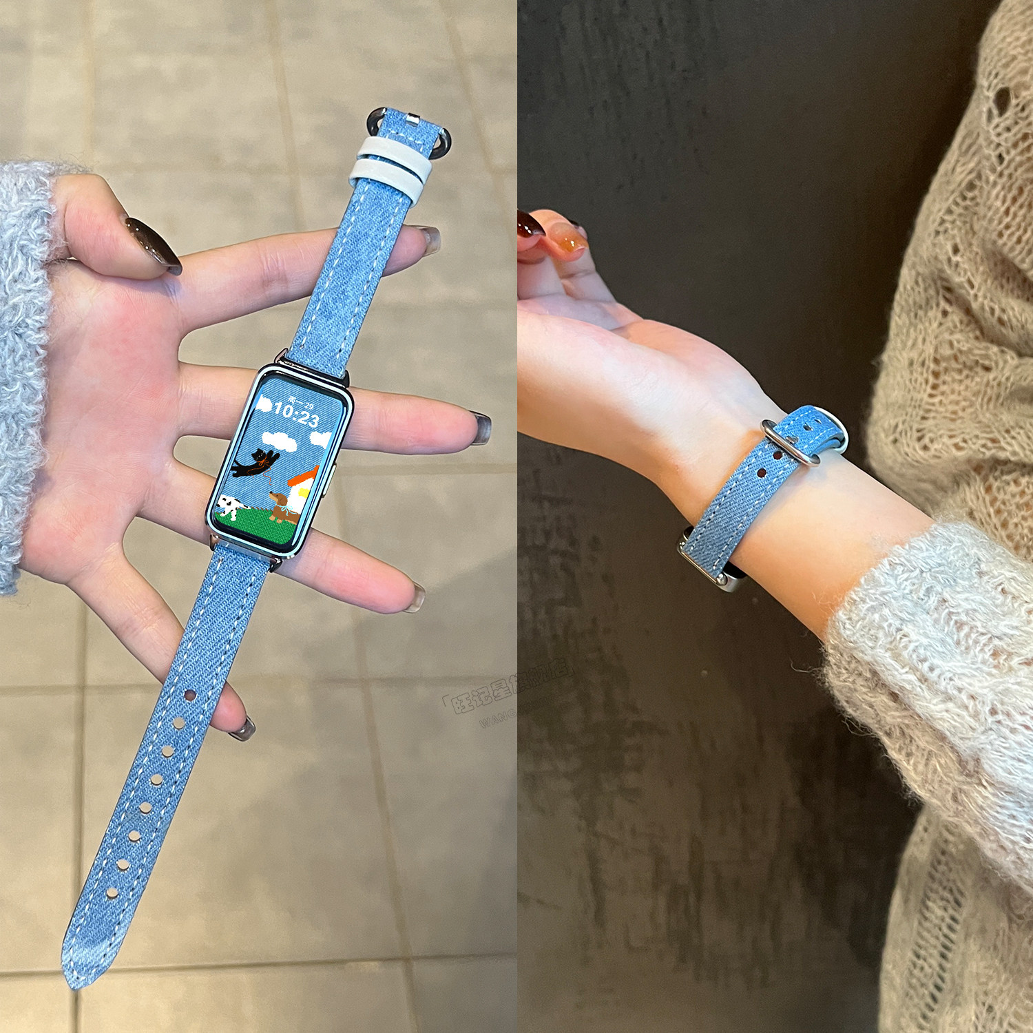 【扎染牛仔】适用华为手环10手表带链9nfc版手腕带替换8智能7创意小众6pro牛仔布料女款十代新款细款马蹄扣