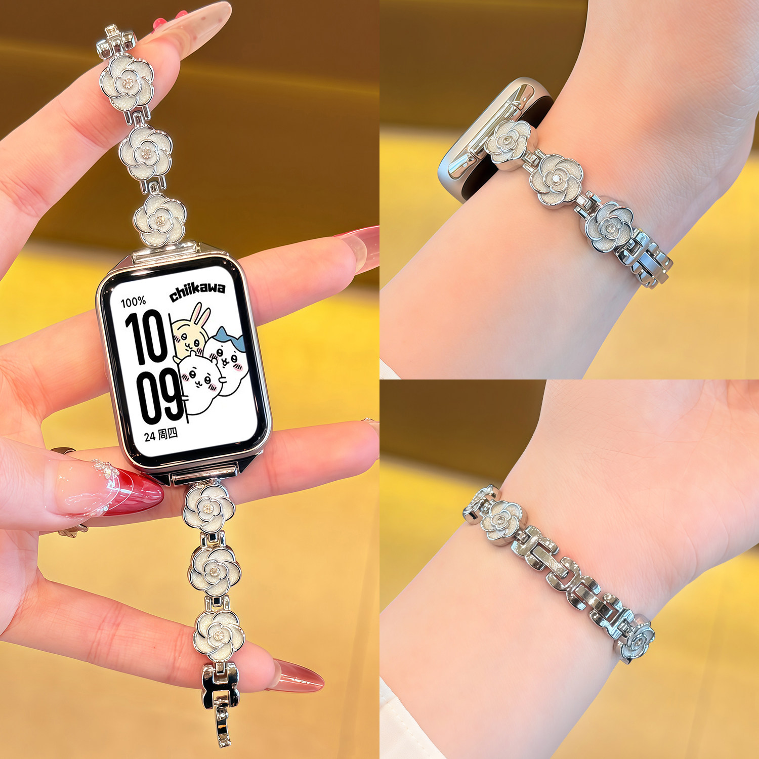 【鎏金山茶花】适用小米手环9PRO表带8pro手表金属鎏金山茶花链式女创意高级感红米WATCH6小众5时尚4春夏替换