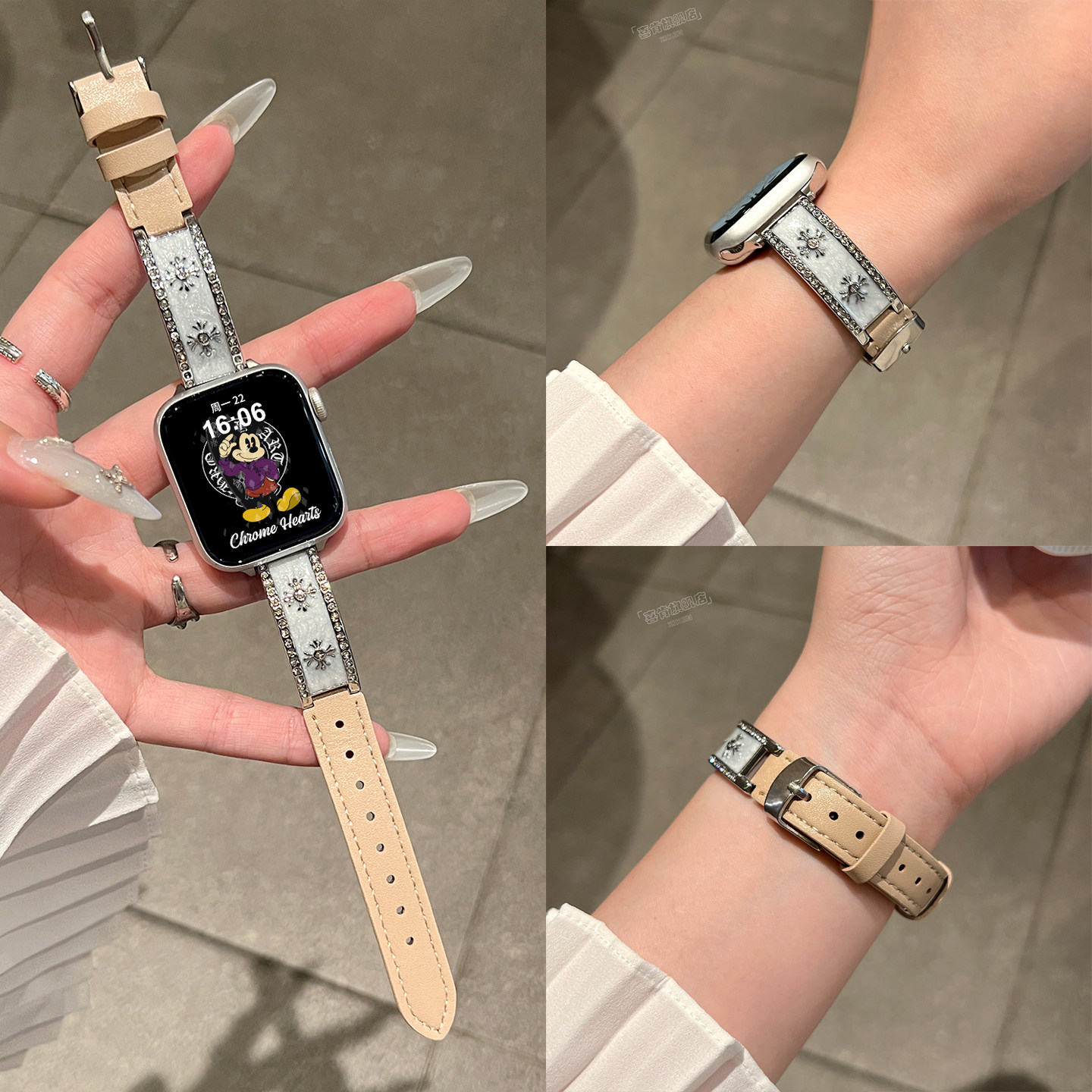 适用苹果S11手表表带AppleWatch手表S10克罗心手镯拼真皮质S9金属S8秋冬女款S7创意秋冬SE高级感腕带S6镶钻