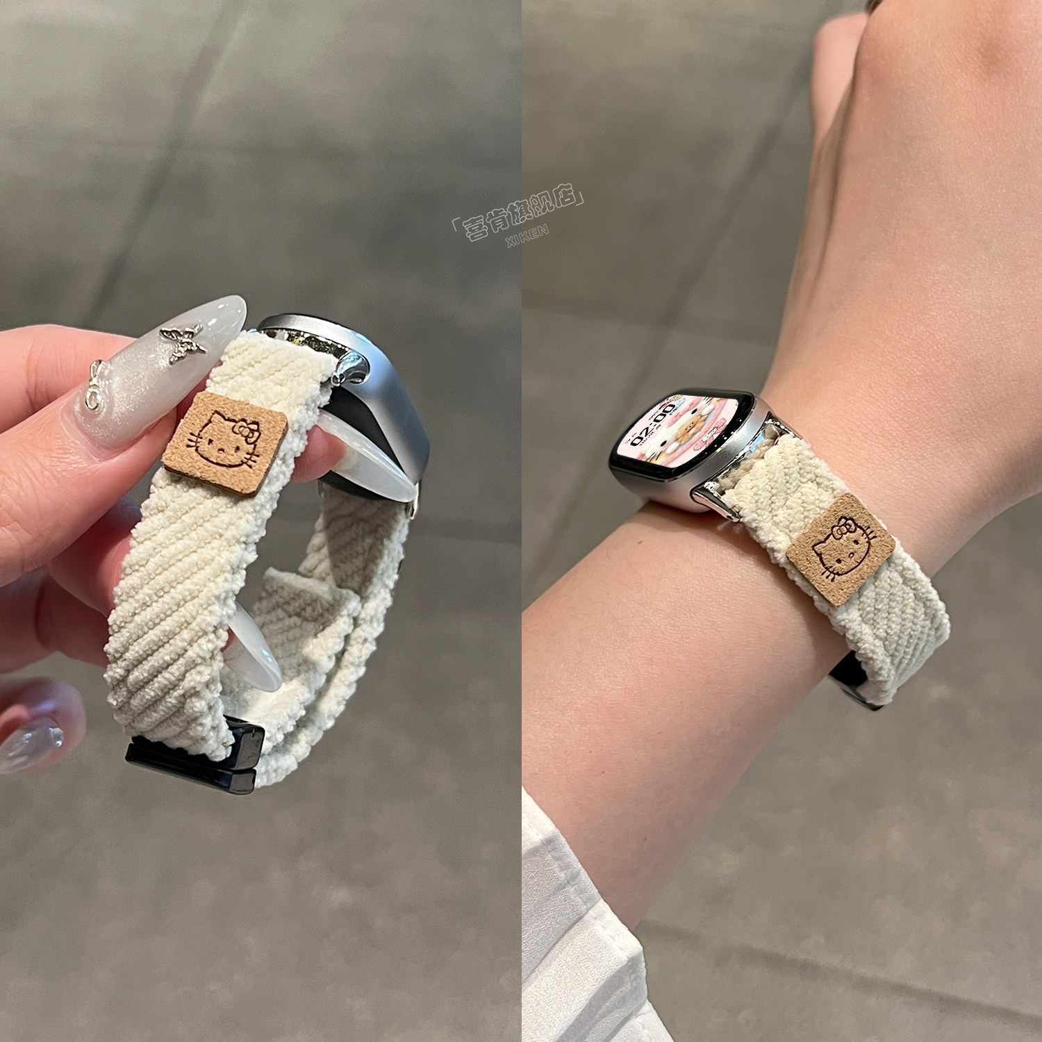 适用小米手环10表带9腕带8手表带7小蛮腰细款6磁吸腕带5灯芯绒布料4可爱kitty猫布贴3智能2小众九代秋冬女款