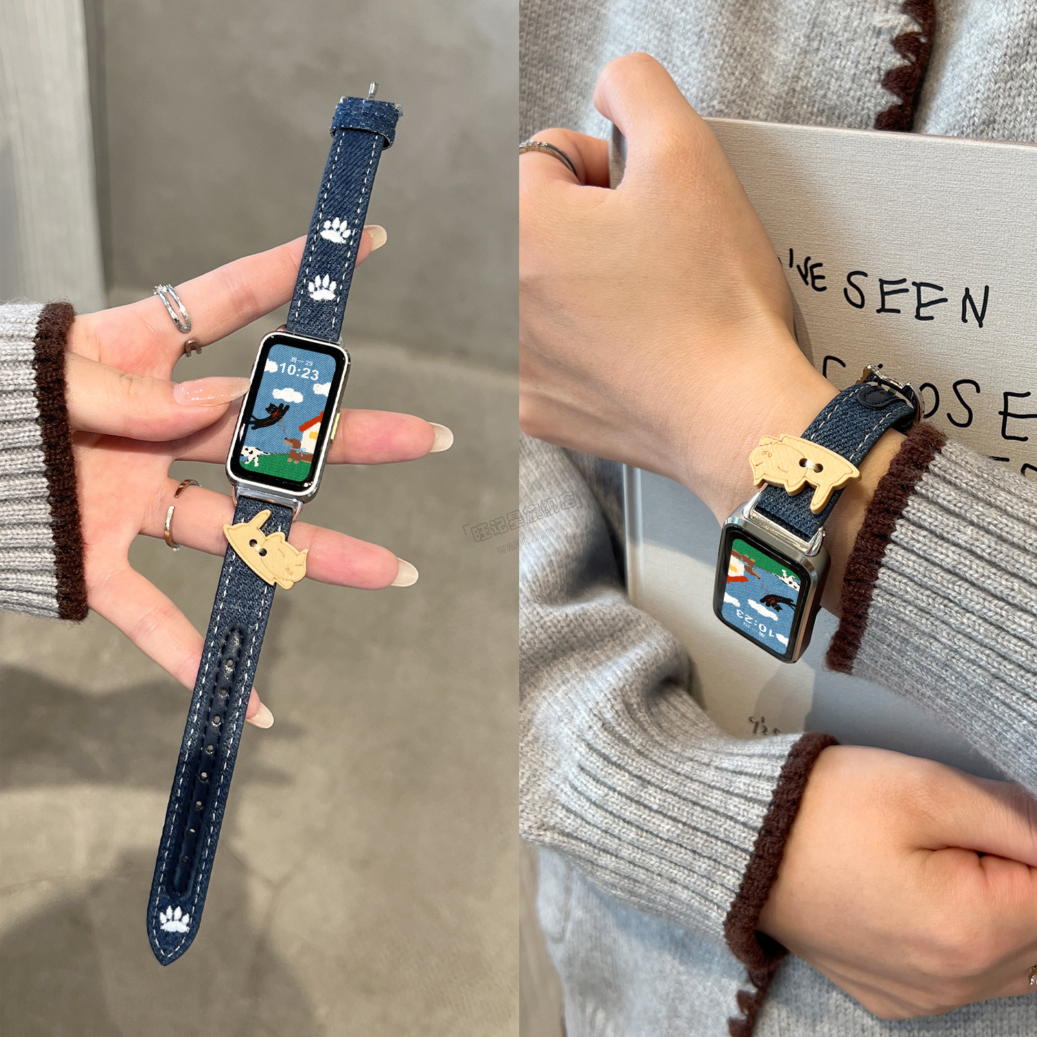 【牛仔纽扣猫】适用华为手环10手表带链9nfc版手腕带替换8智能7休闲6pro可爱猫咪牛仔布料女款九十代新款秋冬