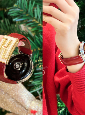 适用华为GT6表带手表watchgt5新款GT4pro女款GT3女士watch5秋冬智能GT4高级GT2真皮鎏金F扣磁吸41mm高端红色
